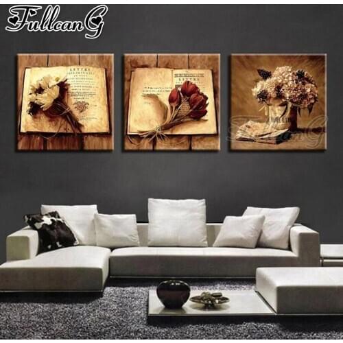 FULLCANG 5d diy diamond embroidery Vintage still life flower book triptych painting full square round mosaic pattern kit FC2847