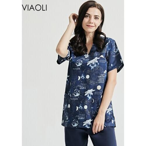 Unisex Starry sky printing V-neck T-shirt Short Sleeved Childrens Checkup Center uniform Scrub Clothing Lab dustproof work wear