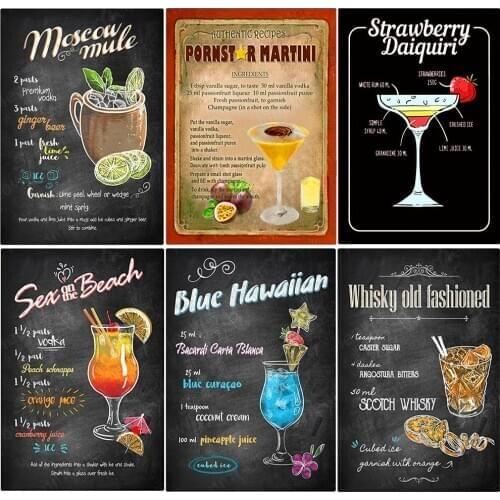 Cocktail Metal Poster Whisky Old Fashioned Vintage Fresh Fruits Tin Signs Black Background Menu Pub Bar Wall Art Plate Home Deco