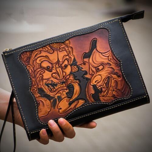 Handmade Men Vegetable Tanned Leather Bag Money Holder Carving Prajna Clutch Purse Cigarette Pocket Man Clutches Envelope