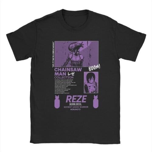 Reze Chainsaw Man T Shirts for Men Pure Cotton Novelty T-Shirts Round Neck Anime Tees Short Sleeve Tops Plus Size