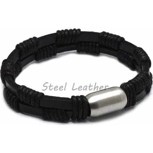 5pcs/lot engrave logo Approx 21cm Fashion Stainless Steel Charm Magnetic Black Men Bracelet Leather Genuine Braided Punk Rock