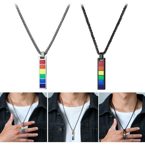 Stainless Steel Lesbian Gay LGBT Rainbow Pendant Necklace Couple Present