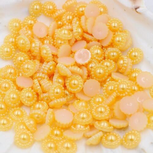 New 200pcs/Lot Gold Flower Flat Back Half Round Imitation Pearl Beads 9mm Cameo Cabochon Beads Diy Jewelry Finding Making