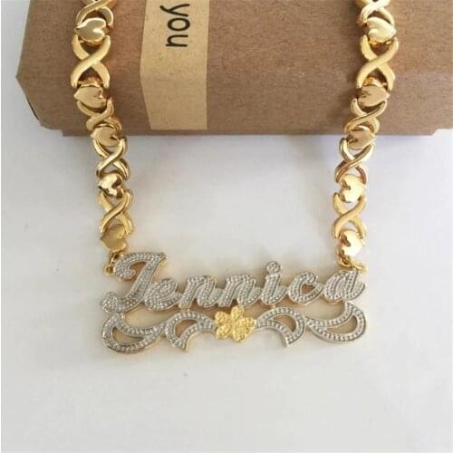 3UMeter Custom Name Necklace Double Layer Nameplate 18k Gold Necklace Personalized XOXO Heart Chain Women Name Necklace
