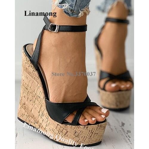 Linamong Sexy Peep Toe High Platform Wedge Sandals Black White Ankle Straps Wooden Bottom Wedges Height Increased sandals