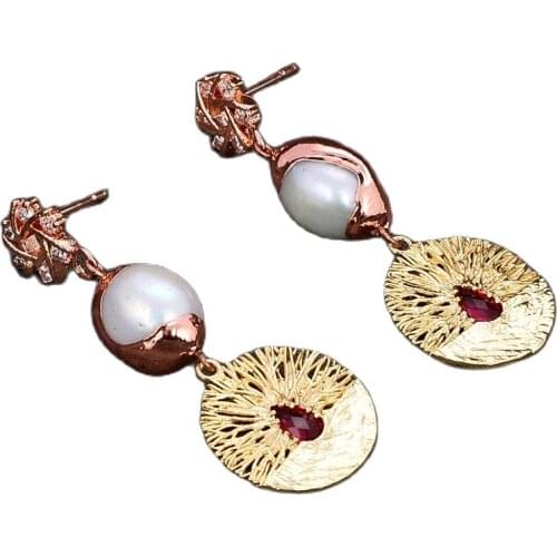 JK Natural Rice Pearl Cz Pave Insect Rose Gold Plated Coin Red Crystal Dangle Stud Earrings