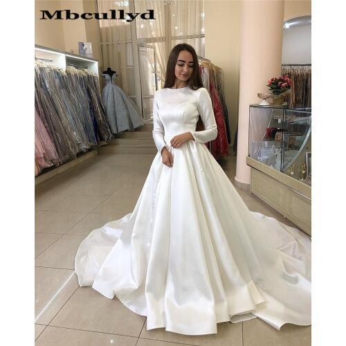 Mbcullyd O Neck Long Sleeves Wedding Dress For Women 2020 White Satin A Line Bridal Dresses African Formal Vestido De Noiva
