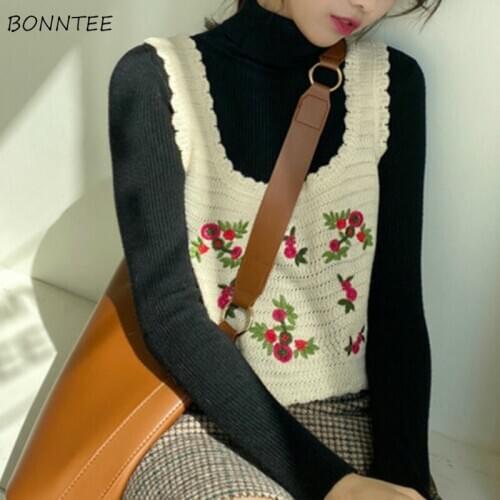Sweater Vest Women Cropped Embroidery Fall Trendy Korean Femme Floral Chic Streetwear All-match Sleeveless Spring Girls Knitwear