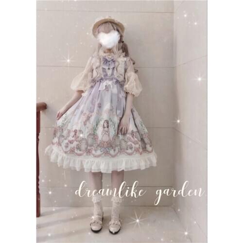 Japanese princess sweet lolita dress palace lace bowknot high waist cute printing kawaii dress girl loli cos gothic lolita jsk