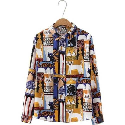 Plus size Blouse apparel Cute Cats Print Long Sleeves Lapel Women Top Chiffon Casual Office ladies Blouse Shirt