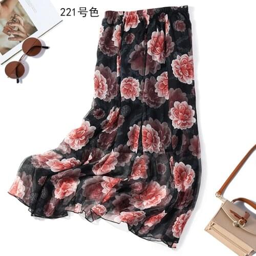 Womens 100% Silk Maxi Skirt Printed Two-Layer Pleated Long Skirt Summer Beach 20 colors JN665