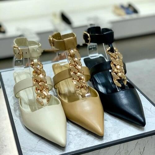2021 Summer Sexy Gold Chains Women Sandals Shoes Designer Luxury Pointed Top High Heels Pumps Shoes Lady Party Ankle Wrap Shoes