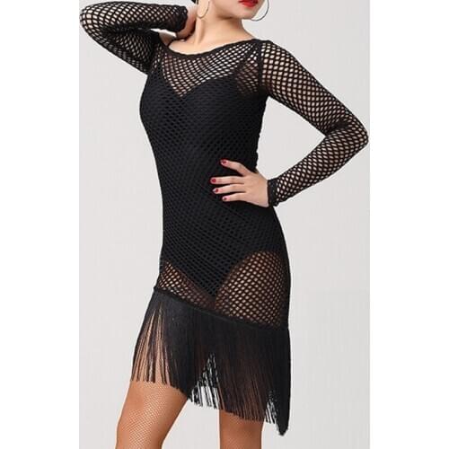 2019 Latin dance, adult womens hollow tassels, practice skirts dresses performances skirts competition clothes dancewear