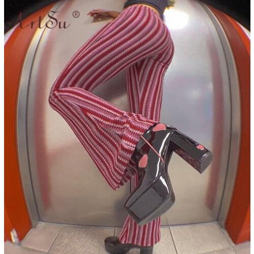 ArtSu Red Striped Harajuku Flare Pants Autumn Summer 2021 Fashion Women Streetwear Pants Femlae Y2K Low Waist Trousers