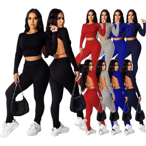Sexy Backless Solid Color Crop T-Shirt And Trousers Women Autumn New Suit Simple Style Office Lady Fashion Casual 2 Piece Set