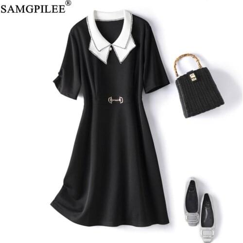 Summer Clothes For Women 2021 New Office Lady A-line Solid Short Sleeve Knee-length Empire Peter Pan Collar Woman Dresses 4XL