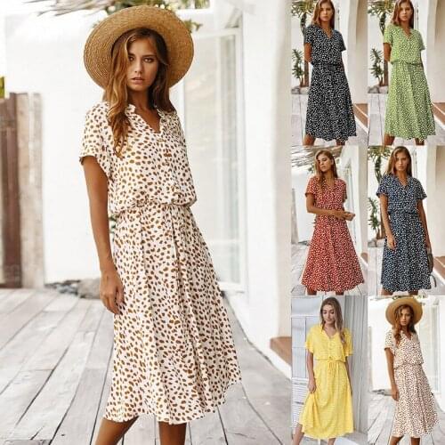 2021 Hot Sale Women Casual Holiday Summer Dress Female A-line Loose Women Beach Dress Ladies Bohemian Leopard Print Shirt Dress