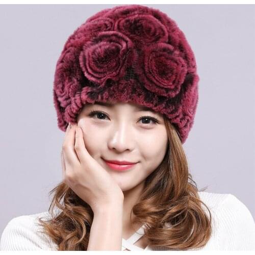 Winter womens fur hat of real Rex Rabbit fur knitted hats floral pure 6 color black warm ladies caps H18