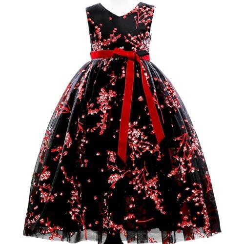 2018 Newest Fashion Girls Dress kids elegant Sleeveness Tulle Baby Flower Floral Embroidery Black Vintage Dress for 10yrs