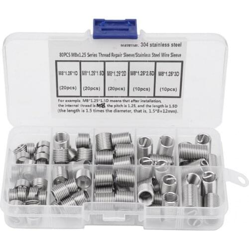 80PCS M8*1.25 Stainless Steel Coiled Wire Helical Screw Threaded Inserts Set stainless wire sleeve insert