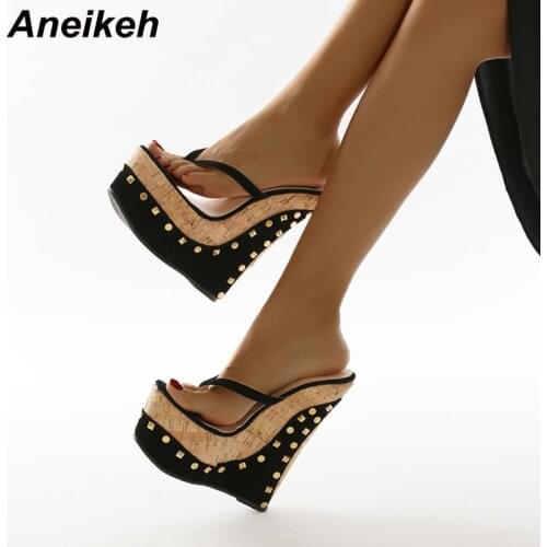 Aneikeh New Fashion Black Flock Summer Shoes Sexy Wedges Open Toe Platform Flip Flops Geometric Rivet Bordered Women Mules 35-42