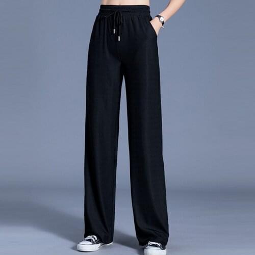 Knitted Wide Leg Pants Womens 2021 Spring Summer Motion High Waist Thin Casual Fashion Straight Loose Black Trousers Women
