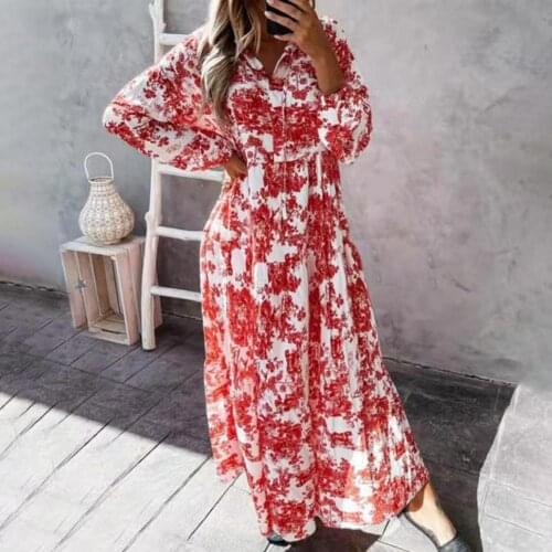 Summer New Trendy Oversize Printed Bohemian Dress Breathable Long Puff Sleeve Women Dress for Casual Daily Life or Beach Dating