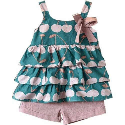 Girls summer cute clothing sets printed cherry cake vest + pink shorts 2 pcs suit for children baby kids clothes 3-7 year