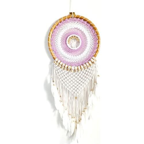 Large Sized Dreamcatcher Wall Ornament With Tree Of Life Pink And Cream Colored Plenty Of Bird Feather