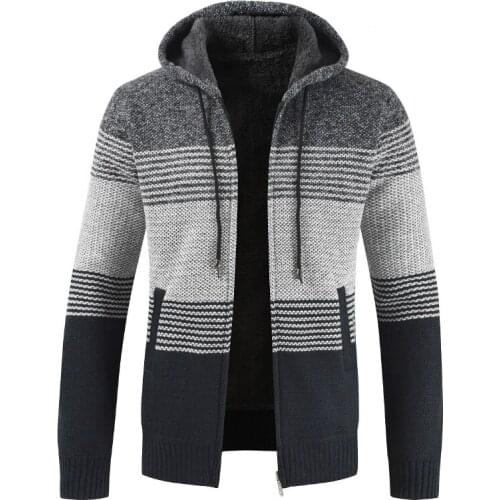 Sweater Coat Men 2021 Winter Thick Warm Hooded Cardigan Jumpers Men Striped Wool Liner Zipper Fleece Coats Men