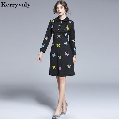 Autumn Black Midi Cotton Butterfly Embroidery Dress Vestidos Casual Mujer 2021 Long Sleeve Retro Party Dress Sommer Kleid K6838