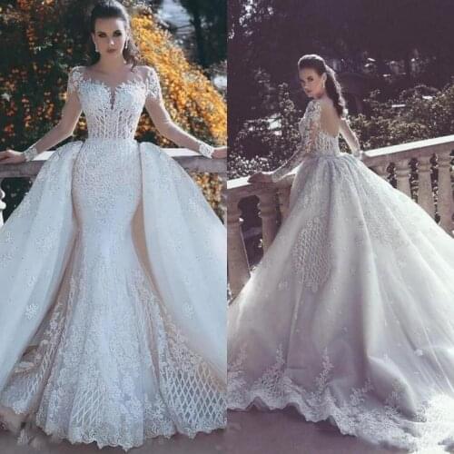 African Luxury Lace Mermaid Wedding Dresses 201 Illusion Neck Long Sleeve Detachable Train Appliques Beaded Plus Size Arabic Br