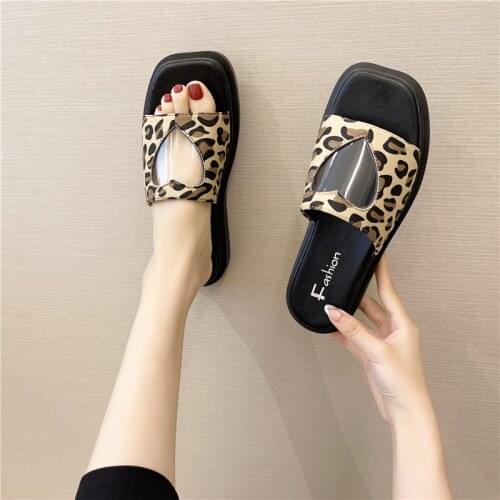 Square Toe Sandals 2021 Summer New Personality Leopard Print Fashion All-match Flat-bottomed Word Straps Love Hollow