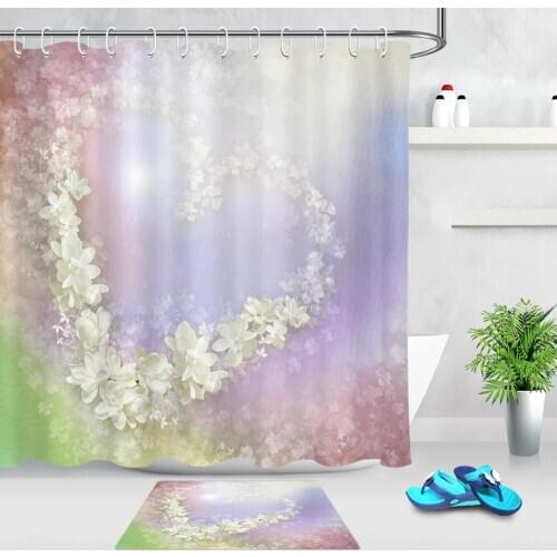 Valentines Day Fabric Shower Curtain for Bathroom Dreamy Heart Shaped White Flower Waterproof Bathroom Bath Curtains with Hooks