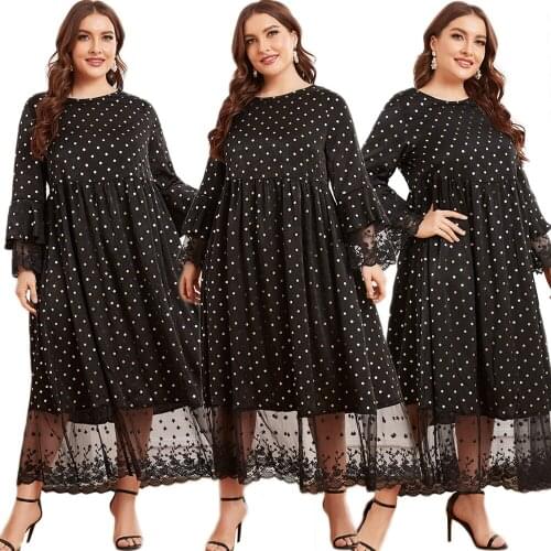 Vintage Polka Dot Long Dress Women Abaya Flare Sleeve Kaftan Lace Patchwork Maxi Robe Muslim Ramadan Islamic Vestido Middle East