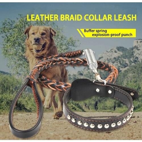 High Quality Genuine Leather Large Dog Leashes Pet Traction Rope Collar Set For Big Dogs Leather Collars Leash