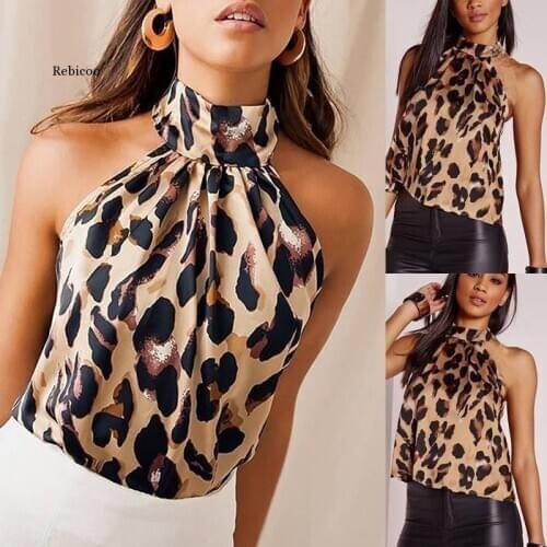 Sexy Off Shoulder Leopard Blouse Chiffon Women Tops Summer Animal Print Casual Backless Sleeveless Shirts
