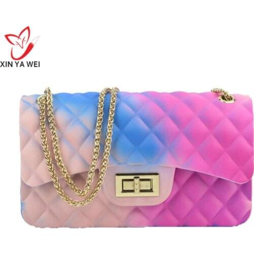 Fashionable colorful PVC bag female high quality transparent lattice jelly chain backpack gradient candy lady bag