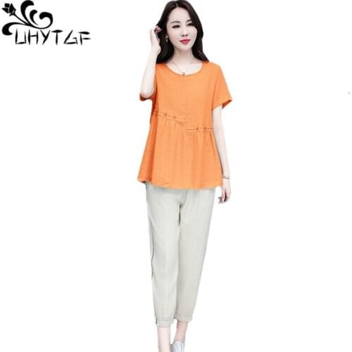 UHYTGF Cotton Linen Womens Tracksuit Korean Loose Plus Size Suit Female Thin Clothes Solid Profession Summer Two-Piece Set 1432