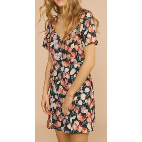 Women Tulip Print V-Neck Mini Dress Lady Slim Lace-up Short-Sleeved Holiday Single-Breasted Dresses Sweet Outfit 2021 New