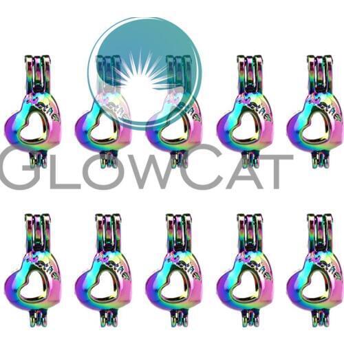10x C698 Colorful Heart Mother Beads Cage Jewelry Making Perfume Essential Oil Diffuser Pearl Cage Locket Pendant