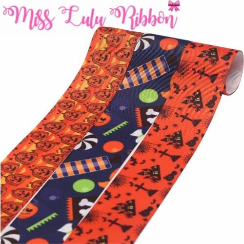 16mm-75mm Halloween Series Castle Candy Pumpkin Bat Printed Grosgrain/Foe Ribbon DIY Hair Bowknots Gift Pack 50yards/roll