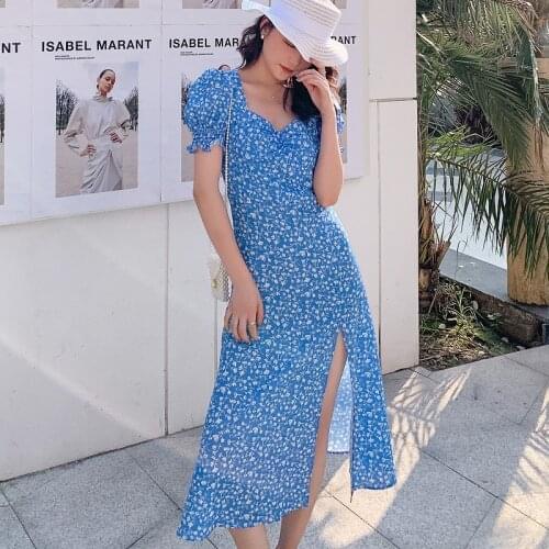 2021 Summer Women Blue Puff Sleeve Zipper Midi Dress Vintage Floral Print Split Blue Sundress Elegant Party Beach Ladies Dress