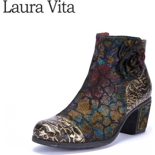 Laura Vita Retro Genuine Leather Ankle Boots Women Shoes Vintage Printed Zipper Fall Winter Women Boots Med Heels