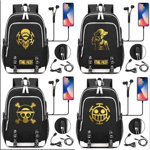 One Piece Skull Luffe Printed USB Headphone Jack Boy Girl Kids School bag Women Bagpack Canvas Men Backpack Packsack Bookbag
