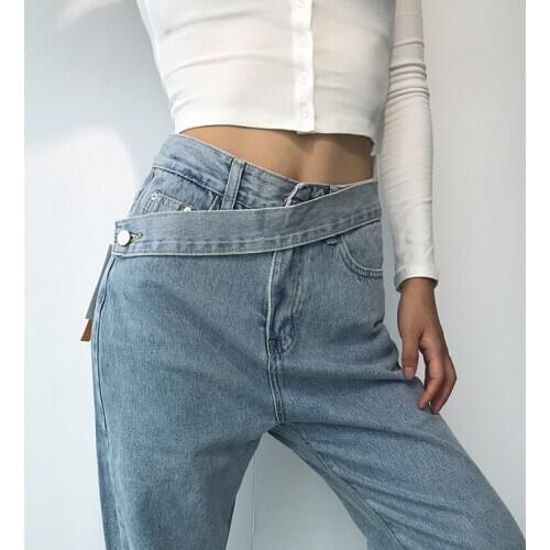 Europe Autumn Winter New Style Belt High Waist Straight Jeans Loose Wide Leg Pants Cotton Elastic Denim Womens Trousers F84