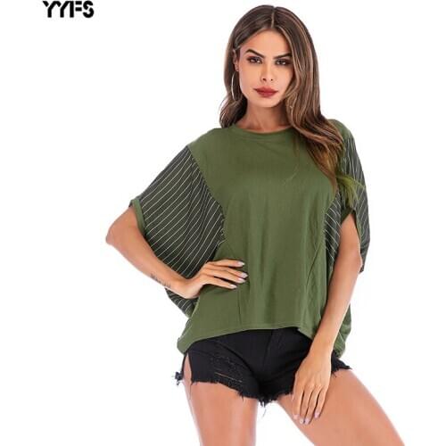 YYFS Europe and America Womens 2019 Summer Bat Sleeve Colorblock Stripe T-Shirt Womens Round Neck Loose Top