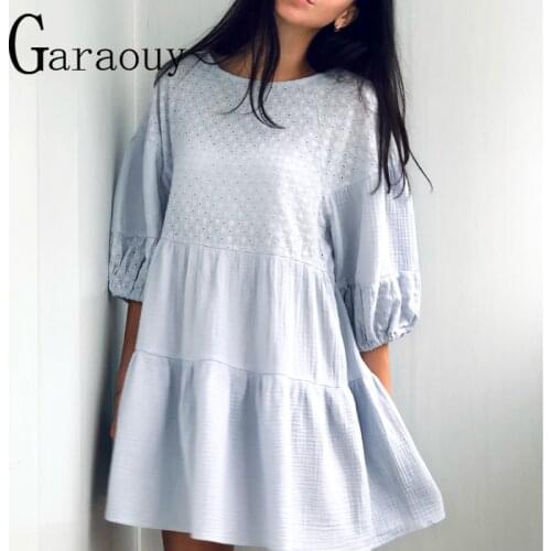 Garaouy Za Women Embroidery Dress 2021 Blue Ruched Casual Dresses for Women Vintage Pleated Beach Mini Ladies Party Summer Dress