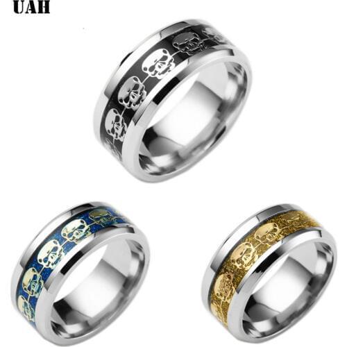 UAH Titanium Steel Skull Rings Chain Ring Black And Blue Mans Gifts Wedding Band Jewelry Size 6-12